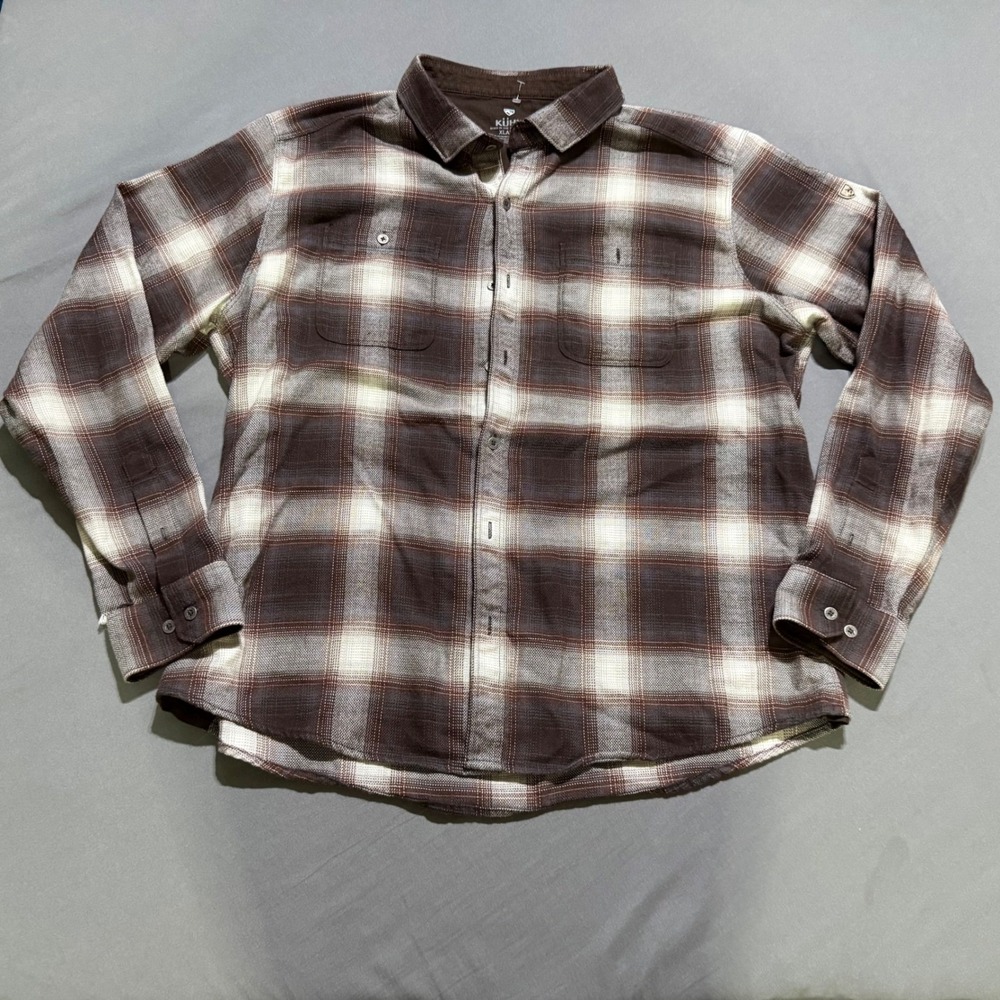 Kuhl Flannel Shirt Mens XL Brown Plaid Cotton Tencel Long Sleeve Button Down